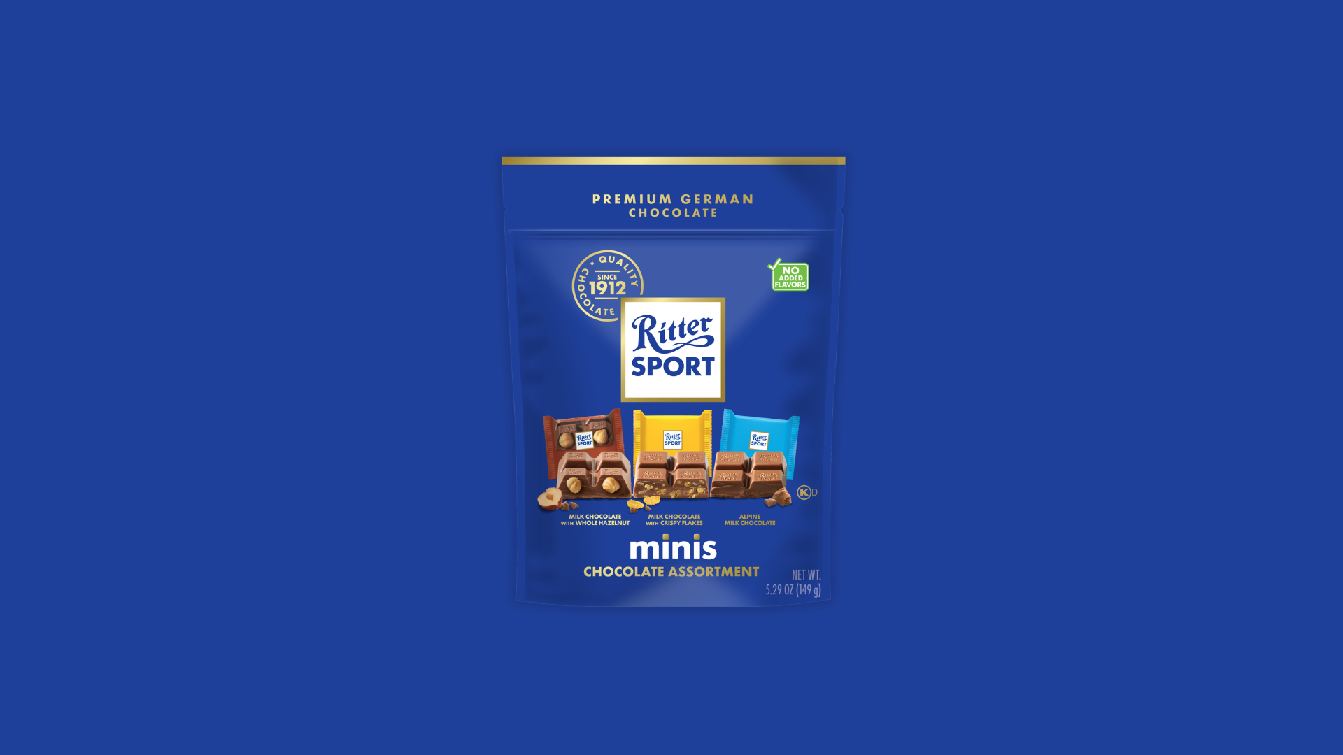 Ritter Sport chocolate bar packaging with cocoa beans, broken chocolate, and milk on a blue background.