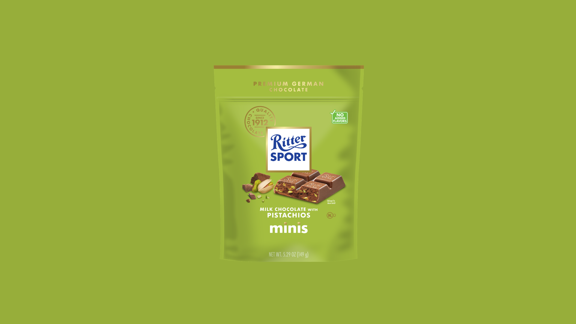Ritter Sport chocolate bar packaging with cocoa beans, broken chocolate, and milk on a blue background.