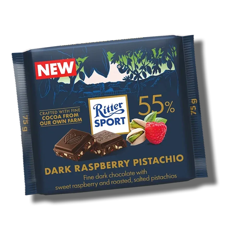 Ritter Sport 55% fine dark chocolate bar in navy blue wrapper with cocoa nibs image