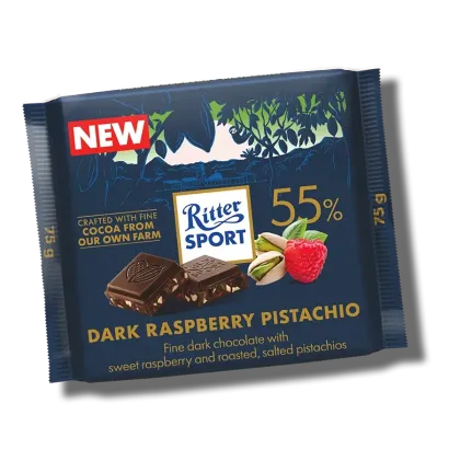 Ritter Sport 55% fine dark chocolate bar in navy blue wrapper with cocoa nibs image
