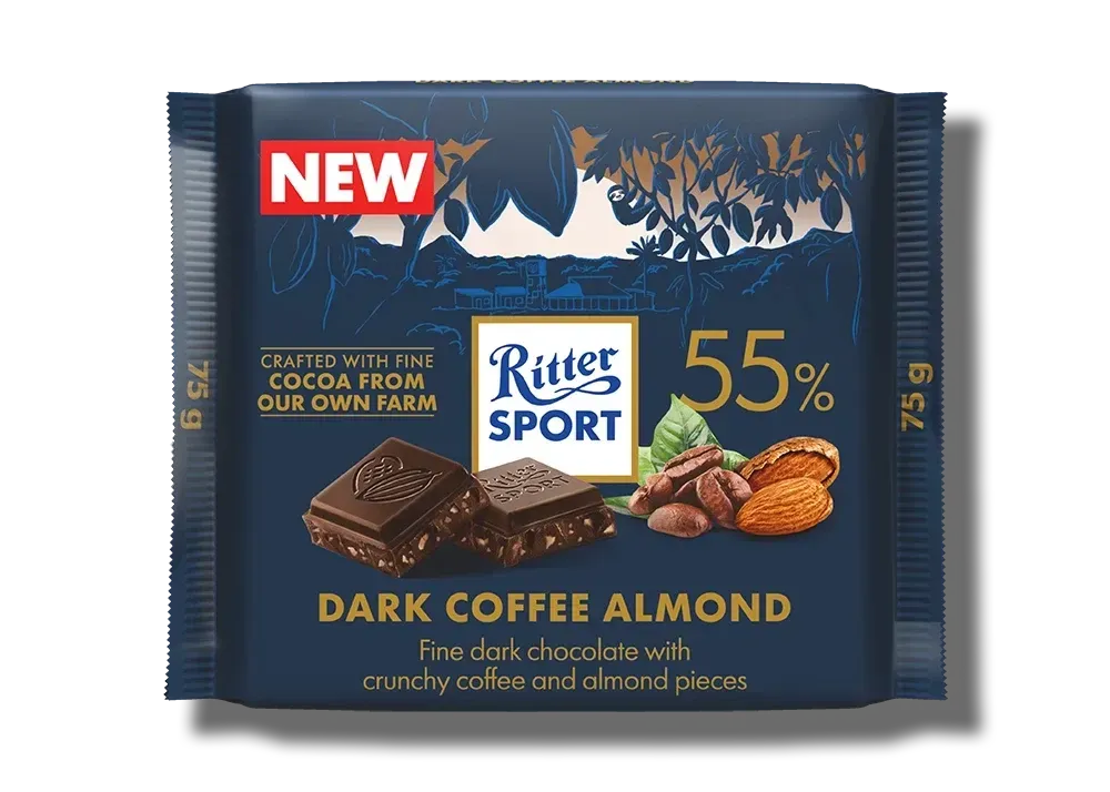 Ritter Sport 74% fine extra dark chocolate bar in dark green wrapper with “NEW” label