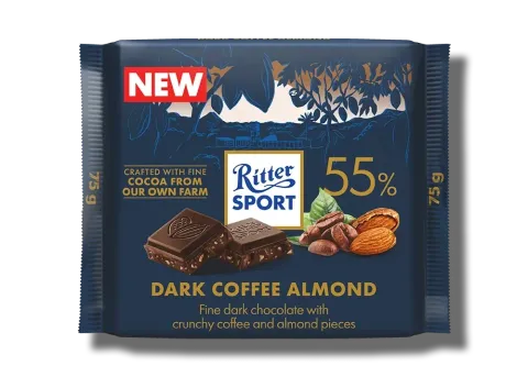 Ritter Sport 74% fine extra dark chocolate bar in dark green wrapper with “NEW” label