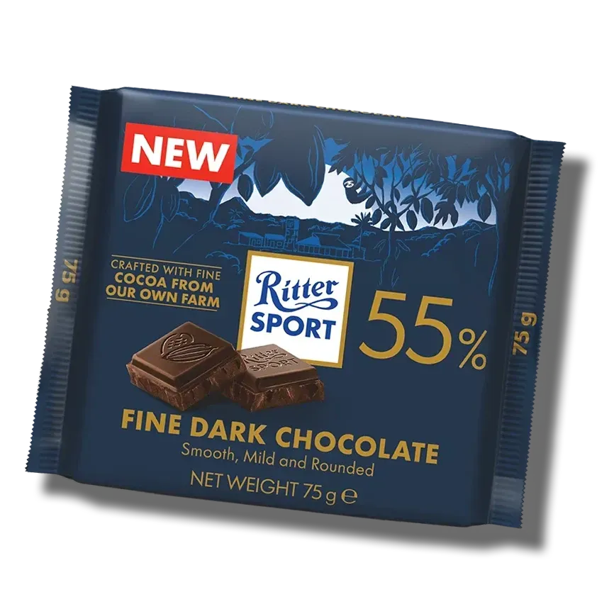 Ritter Sport 55% fine dark chocolate bar in navy blue wrapper with cocoa nibs image