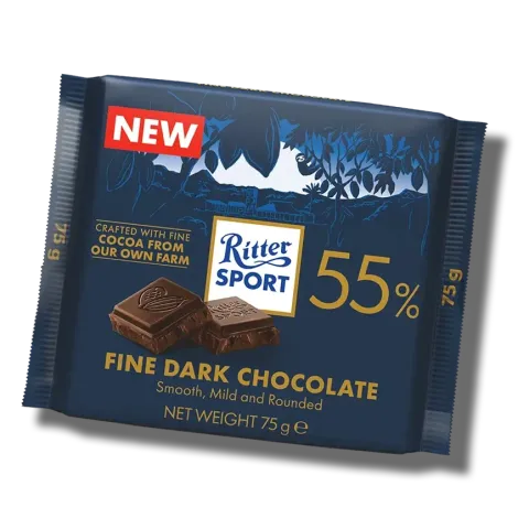 Ritter Sport 55% fine dark chocolate bar in navy blue wrapper with cocoa nibs image