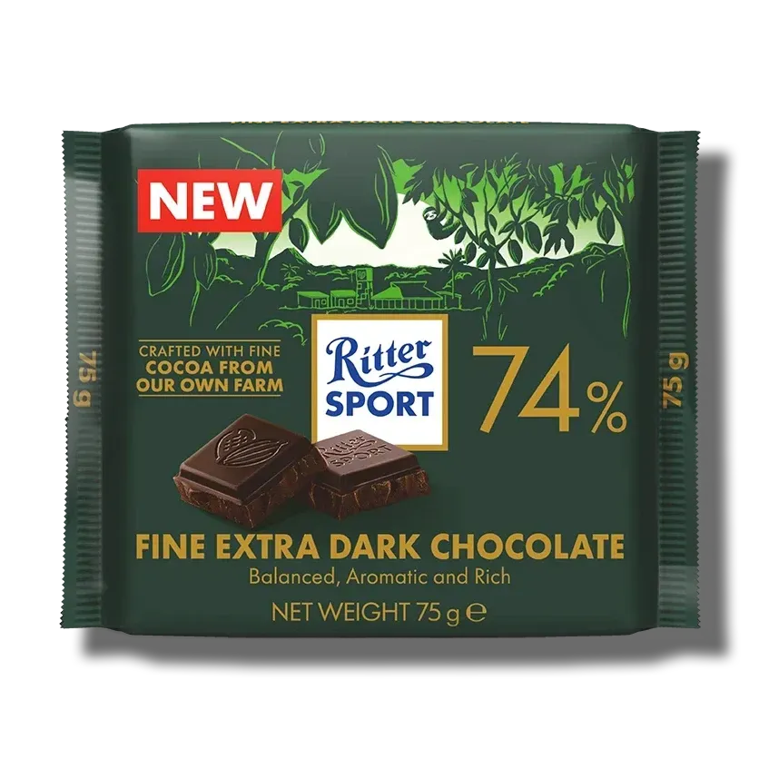 Ritter Sport 74% fine extra dark chocolate bar in dark green wrapper with “NEW” label