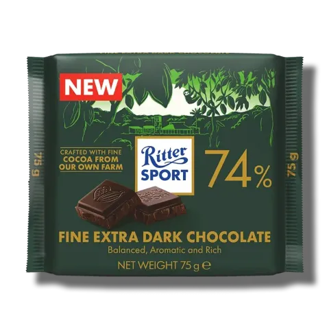 Ritter Sport 74% fine extra dark chocolate bar in dark green wrapper with “NEW” label