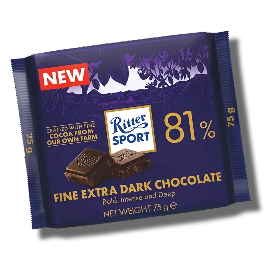Ritter Sport 81% fine extra dark chocolate bar in purple wrapper with red NEW label