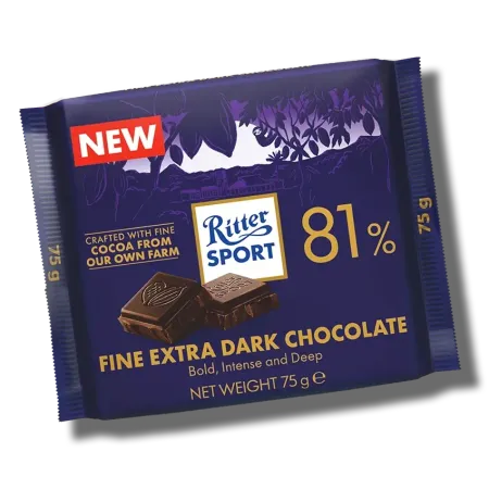 Ritter Sport 81% fine extra dark chocolate bar in purple wrapper with red NEW label