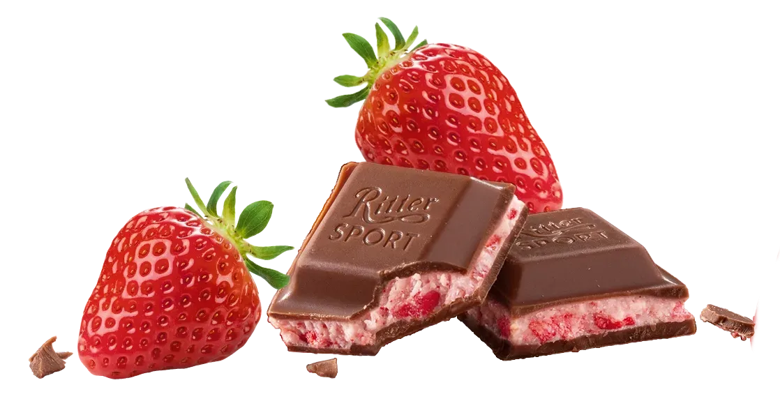 Two Ritter Sport chocolate pieces with strawberry filling and two strawberries.