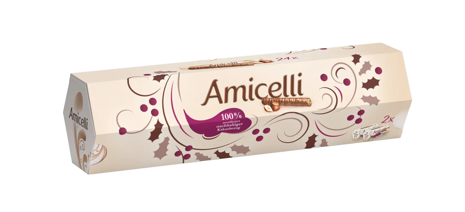 Box of Amicelli hazelnut chocolate rolls. Light beige with decorative swirls, purple accents, and brown leaves.