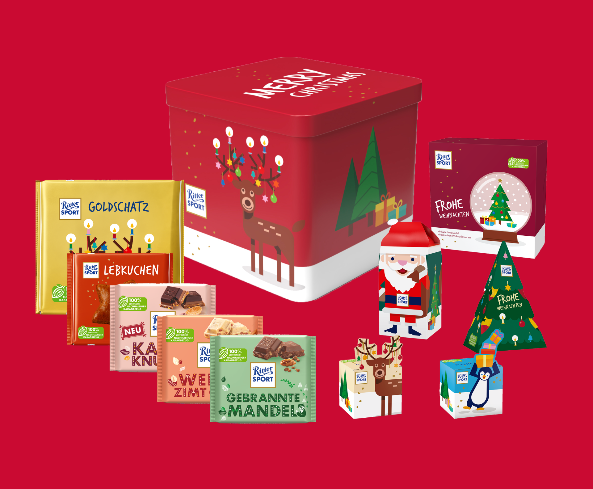 Christmas-themed candy collection: red tin, chocolates, Santa, reindeer, snow globe, tree, penguin, red background.