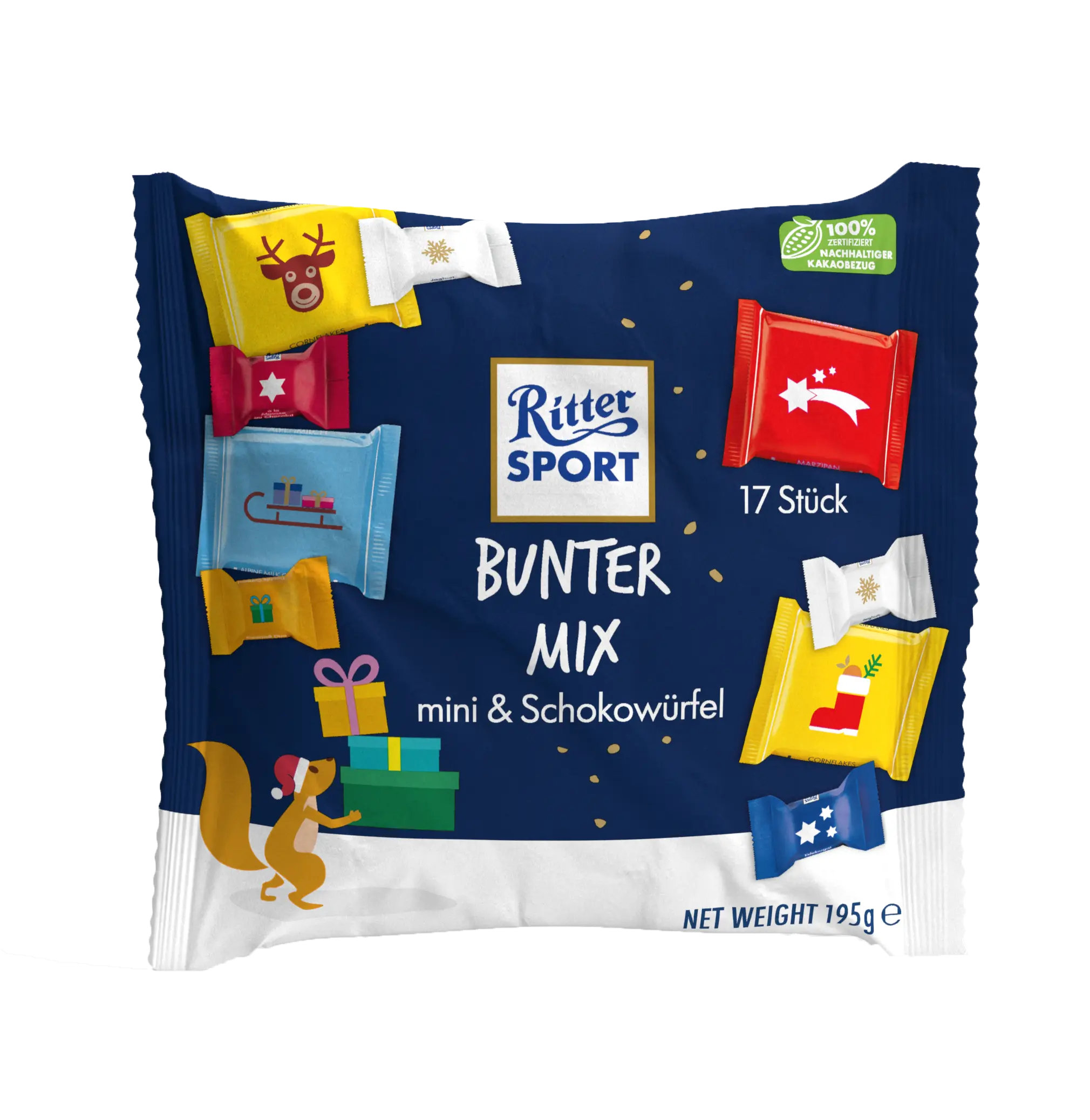 Ritter Sport Bunter Mix candy bag, navy blue, festive mini chocolate squares in various wrappers.