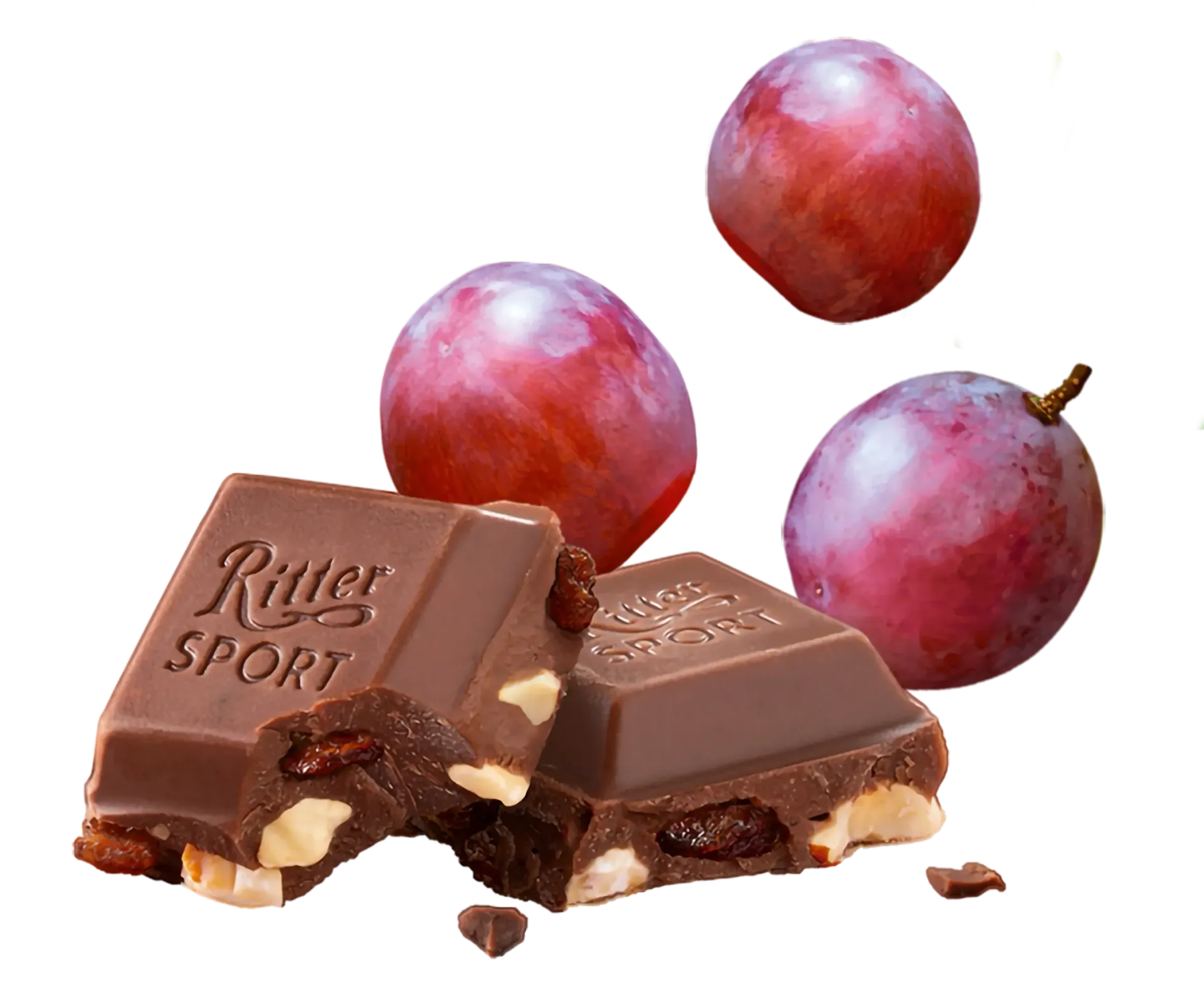 Two Ritter Sport chocolate pieces with strawberry filling and two strawberries.