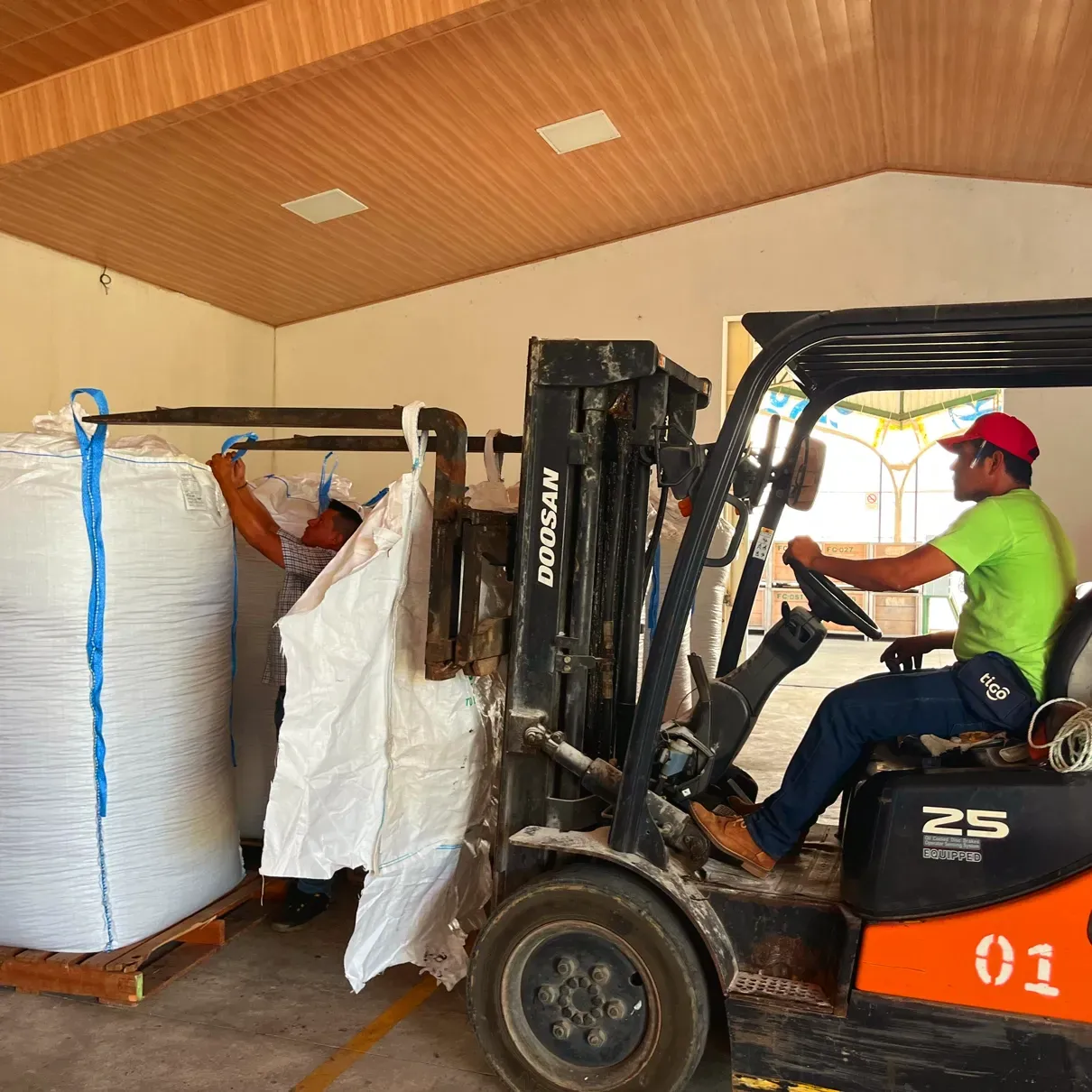 A man in a green shirt is driving a doosan forklift