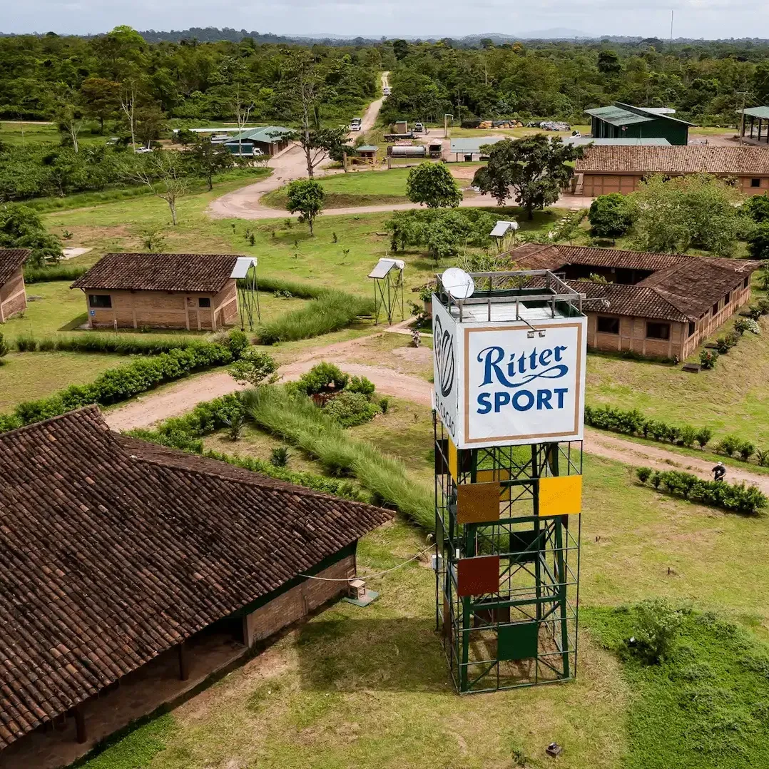 An aerial view of El Cacao with a Ritter Sport tower
