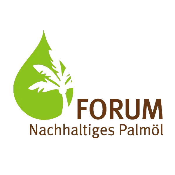 Grüne Tropfenform mit einer Palme drin. Text: Forum - Nachhaltiges Palmöl