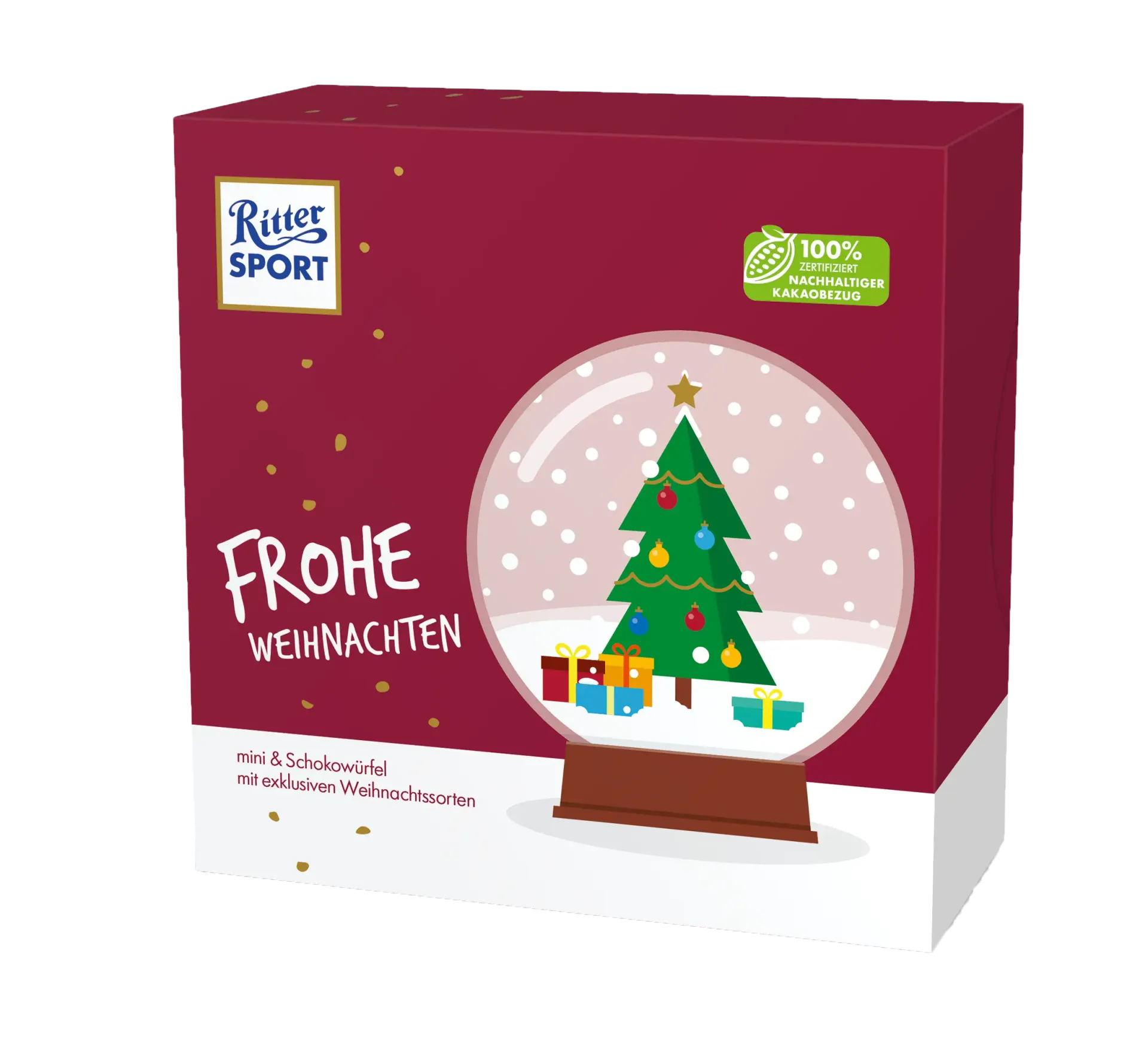Ritter Sport chocolate box with snow globe design, red and white,