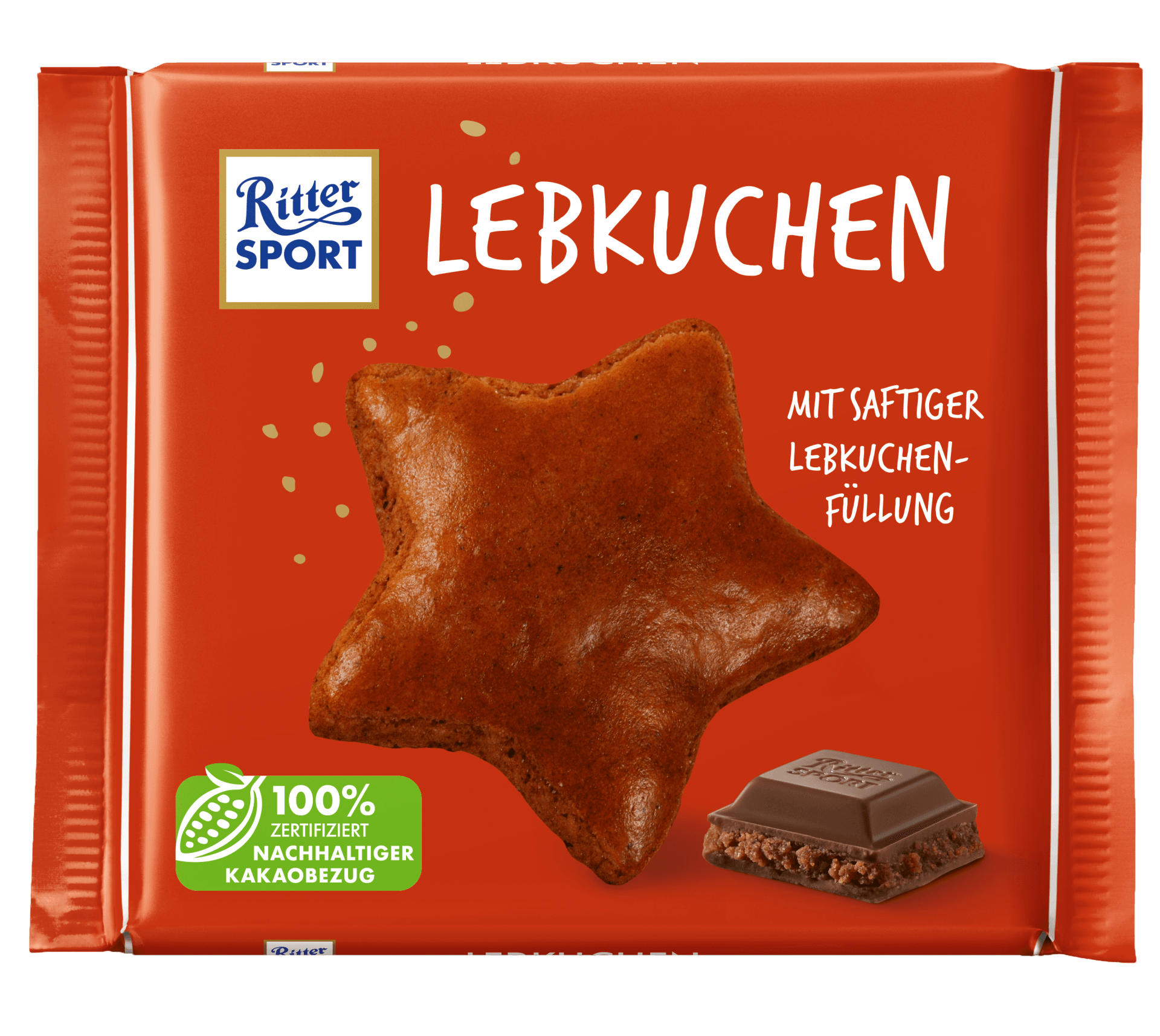 Ritter Sport Lebkuchen chocolate bar with a star-shaped gingerbread filling, on a red wrapper.