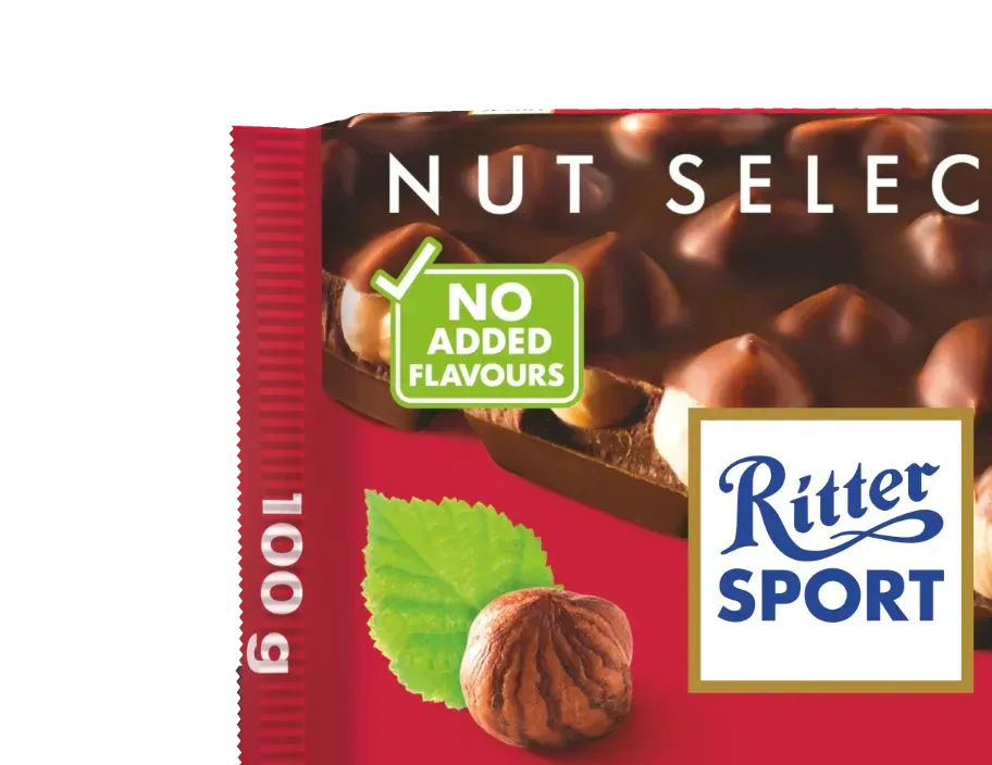 Close-up of a Ritter Sport chocolate bar with hazelnuts,