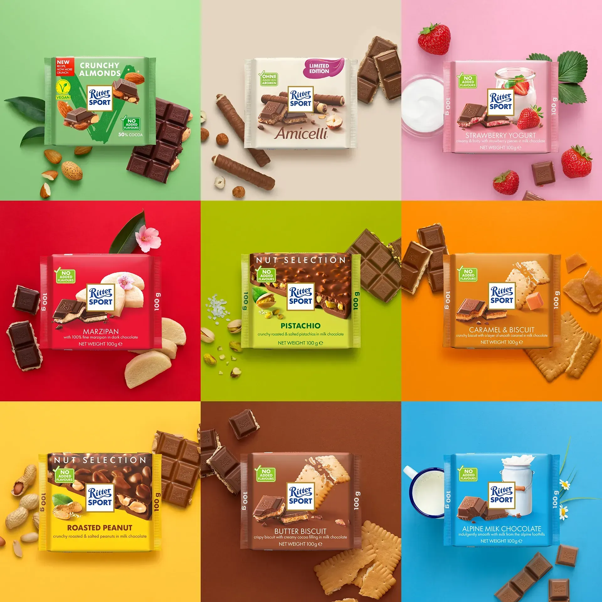 A colourful variety of Ritter Sport chocolate bars