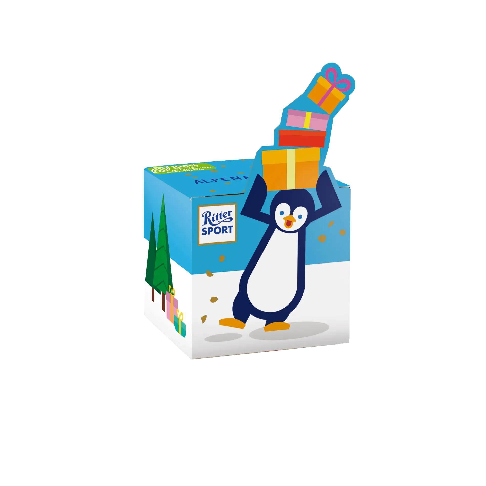 Penguin holding gifts on a blue box with Christmas design.