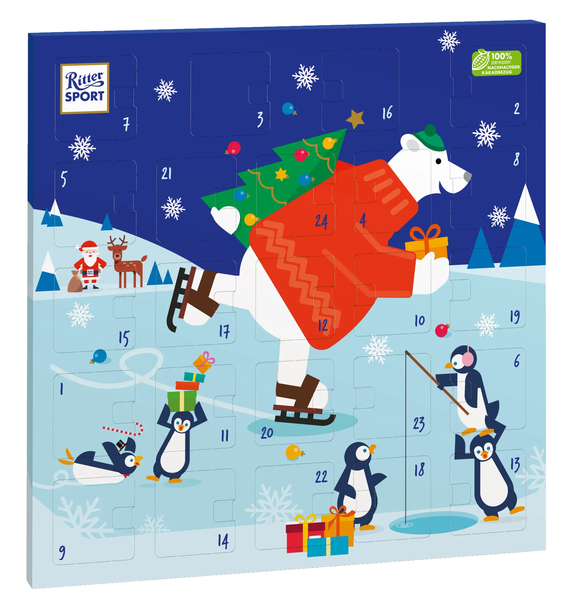 Advent calendar with a polar bear skating, penguins, and Christmas decorations.