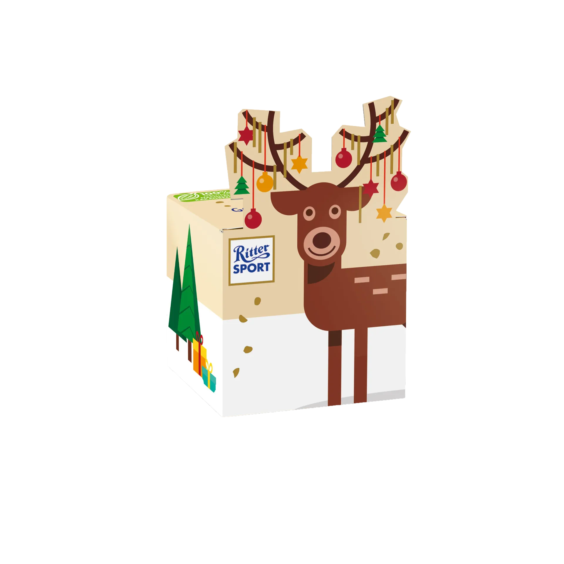 Christmas-themed Ritter Sport chocolate box featuring a brown reindeer decorated with ornaments.