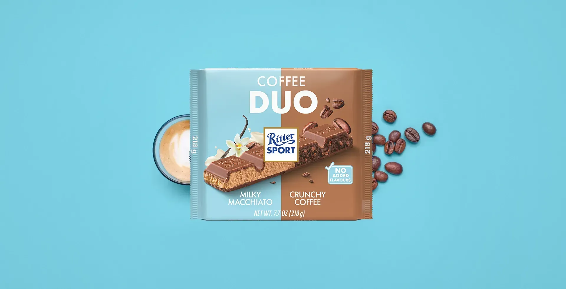 Ritter Sport chocolate bar packaging with cocoa beans, broken chocolate, and milk on a blue background.