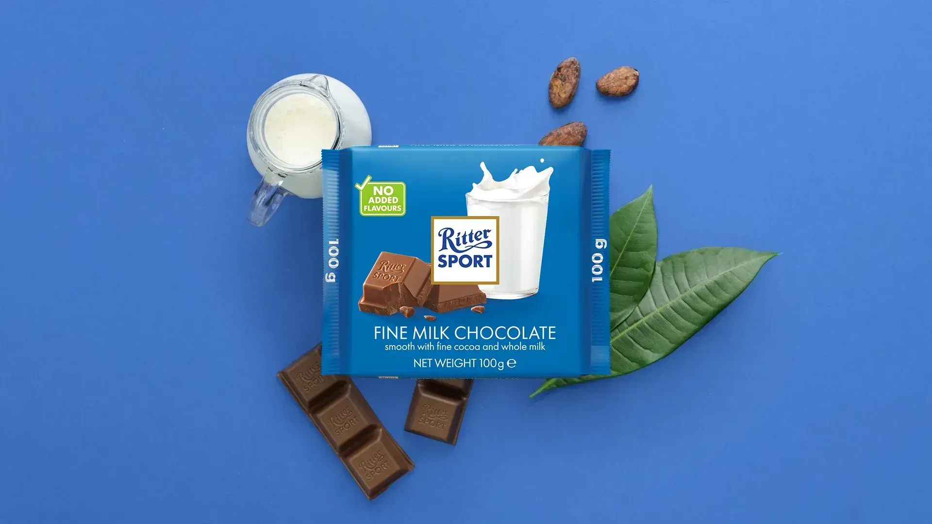 Ritter Sport chocolate bar packaging with cocoa beans, broken chocolate, and milk on a blue background.