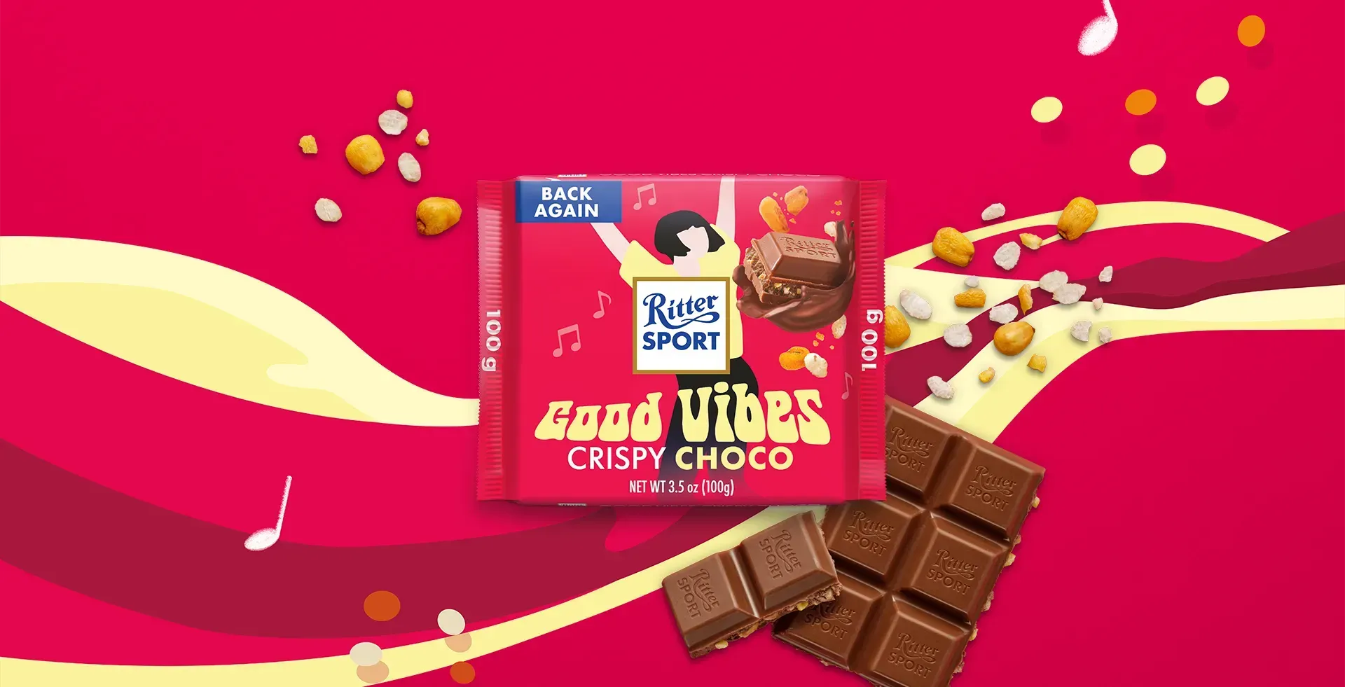 Ritter Sport chocolate bar packaging with cocoa beans, broken chocolate, and milk on a blue background.