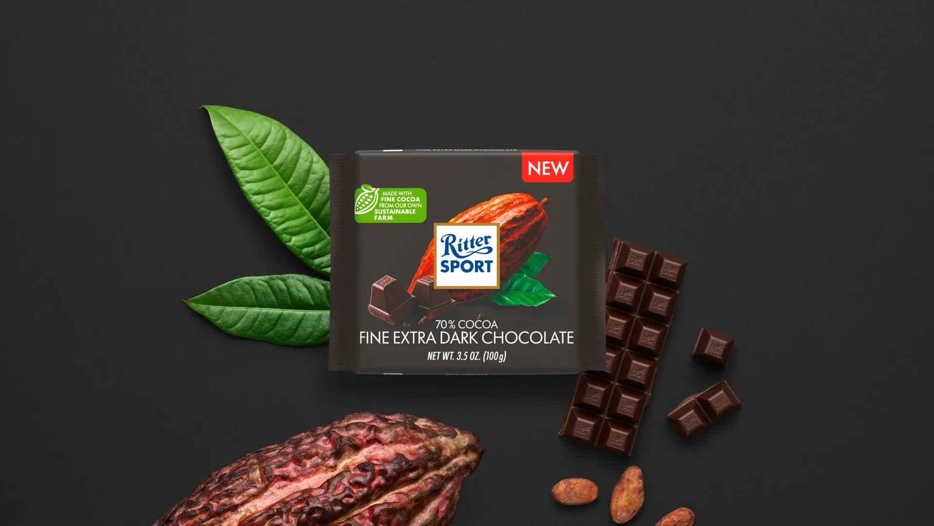 Ritter Sport chocolate bar packaging with cocoa beans, broken chocolate, and milk on a blue background.