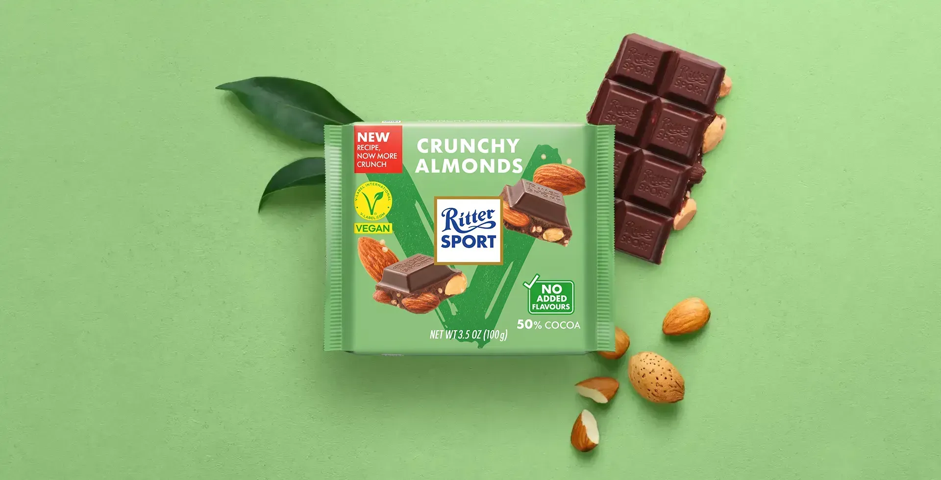 Ritter Sport chocolate bar packaging with cocoa beans, broken chocolate, and milk on a blue background.