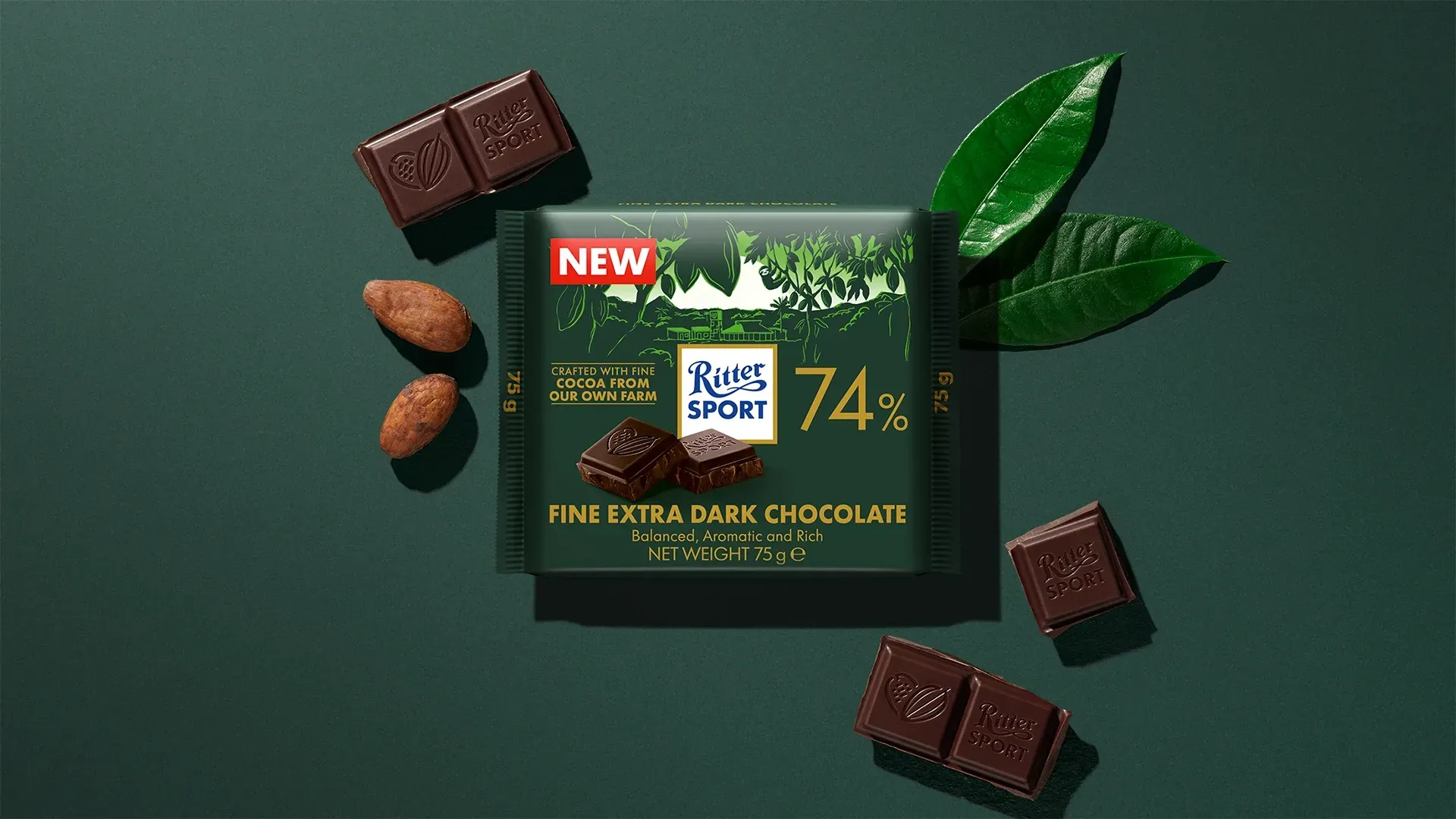 Ritter Sport chocolate bar packaging with cocoa beans, broken chocolate, and milk on a blue background.