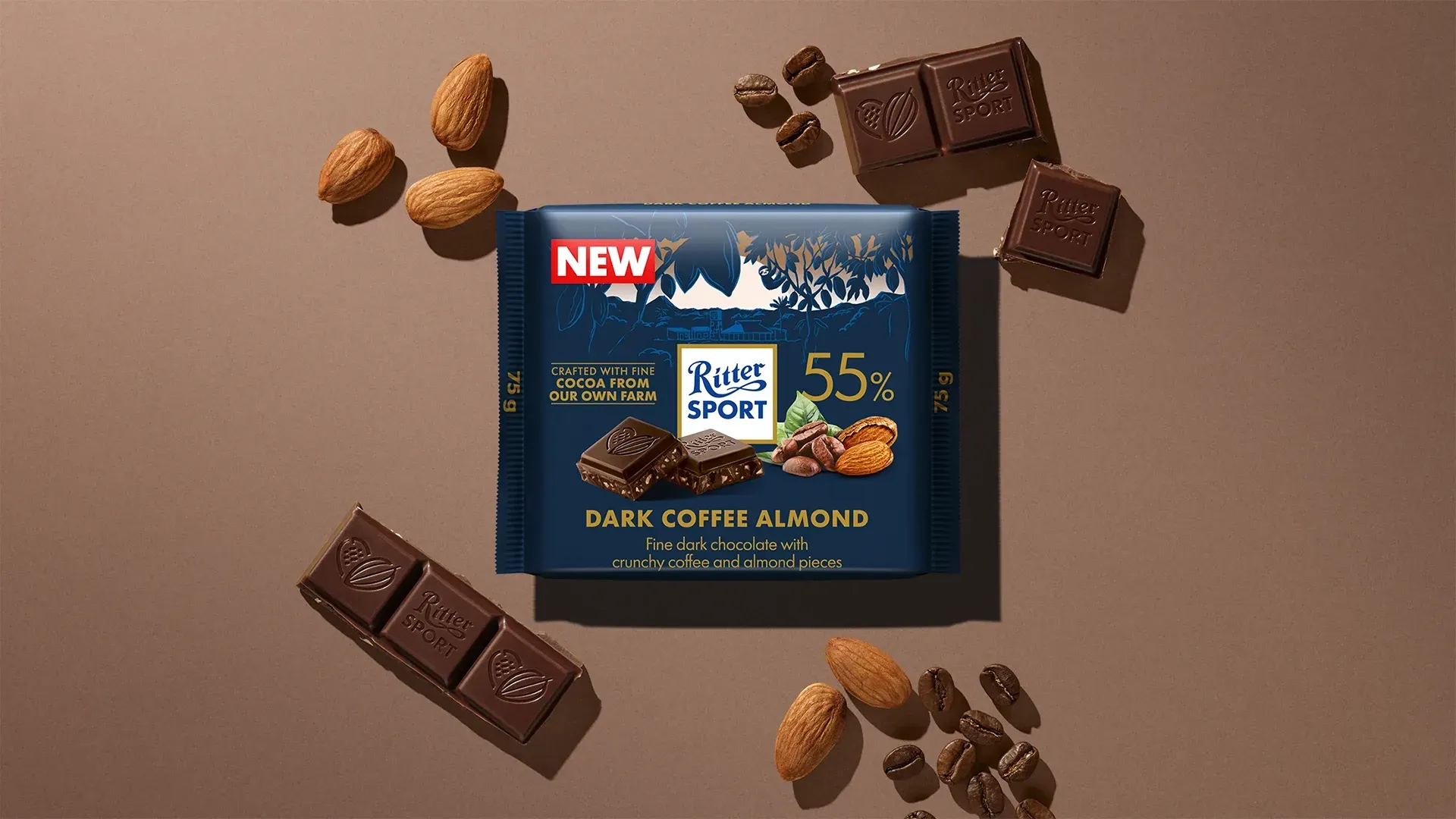 Ritter Sport chocolate bar packaging with cocoa beans, broken chocolate, and milk on a blue background.
