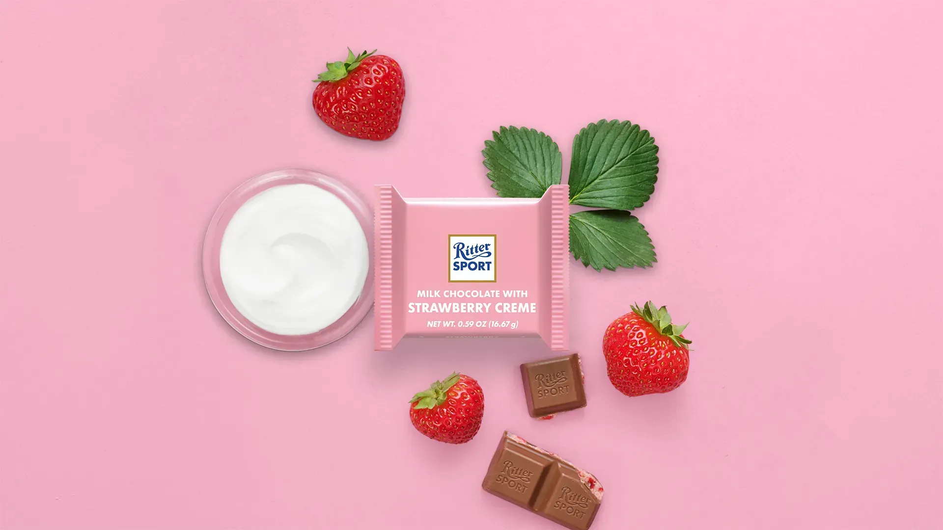 Ritter Sport chocolate bar packaging with cocoa beans, broken chocolate, and milk on a blue background.