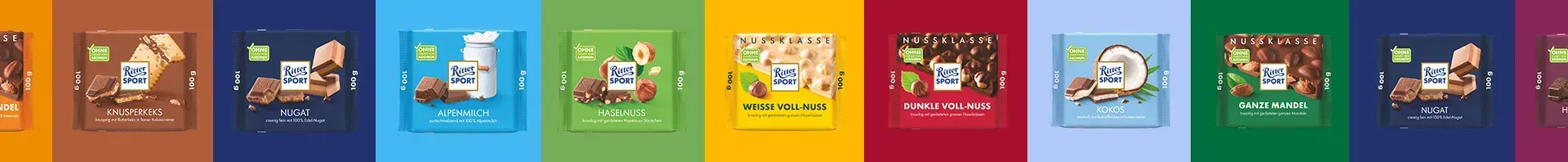 Eine Reihe bunter Ritter Sport Schokoladentafeln