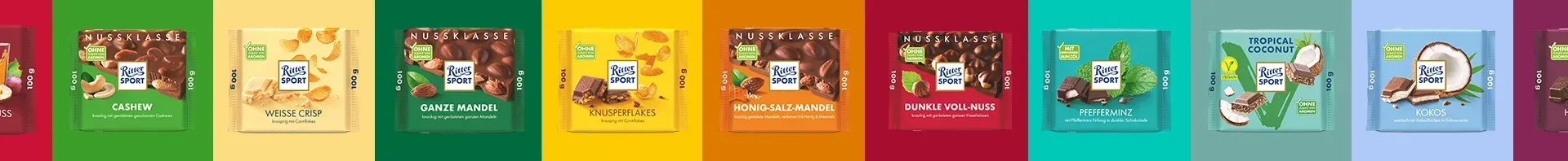 Eine Reihe bunter Ritter Sport Schokoladentafeln