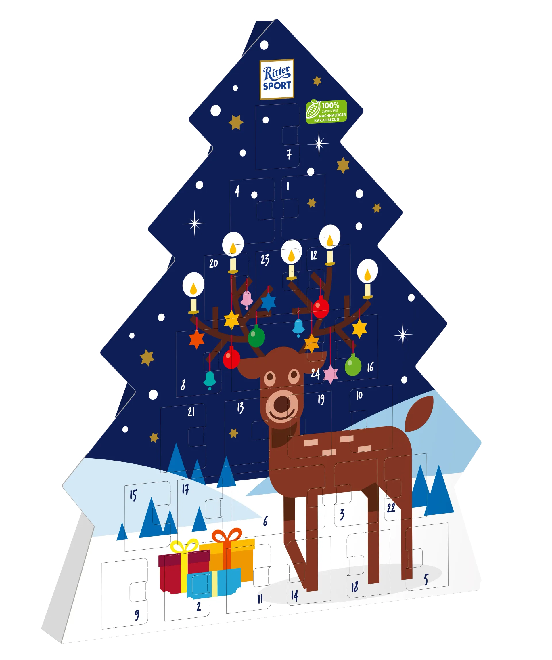 Advent calendar in the shape of a blue night scene Christmas tree, with a reindeer, snow, gifts and lights.