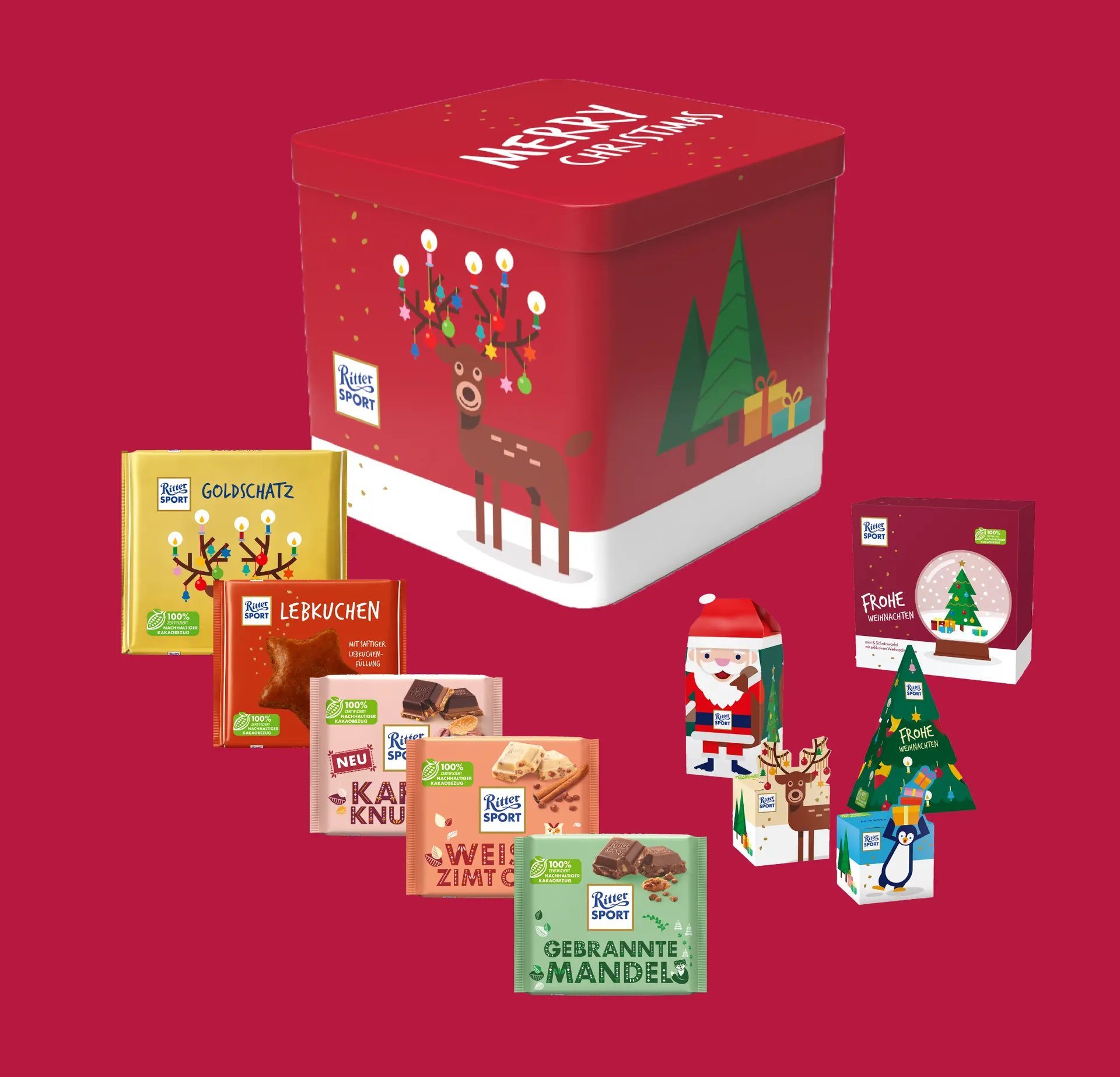Christmas tin filled with chocolates, reindeer, and Santa figures on a red background.