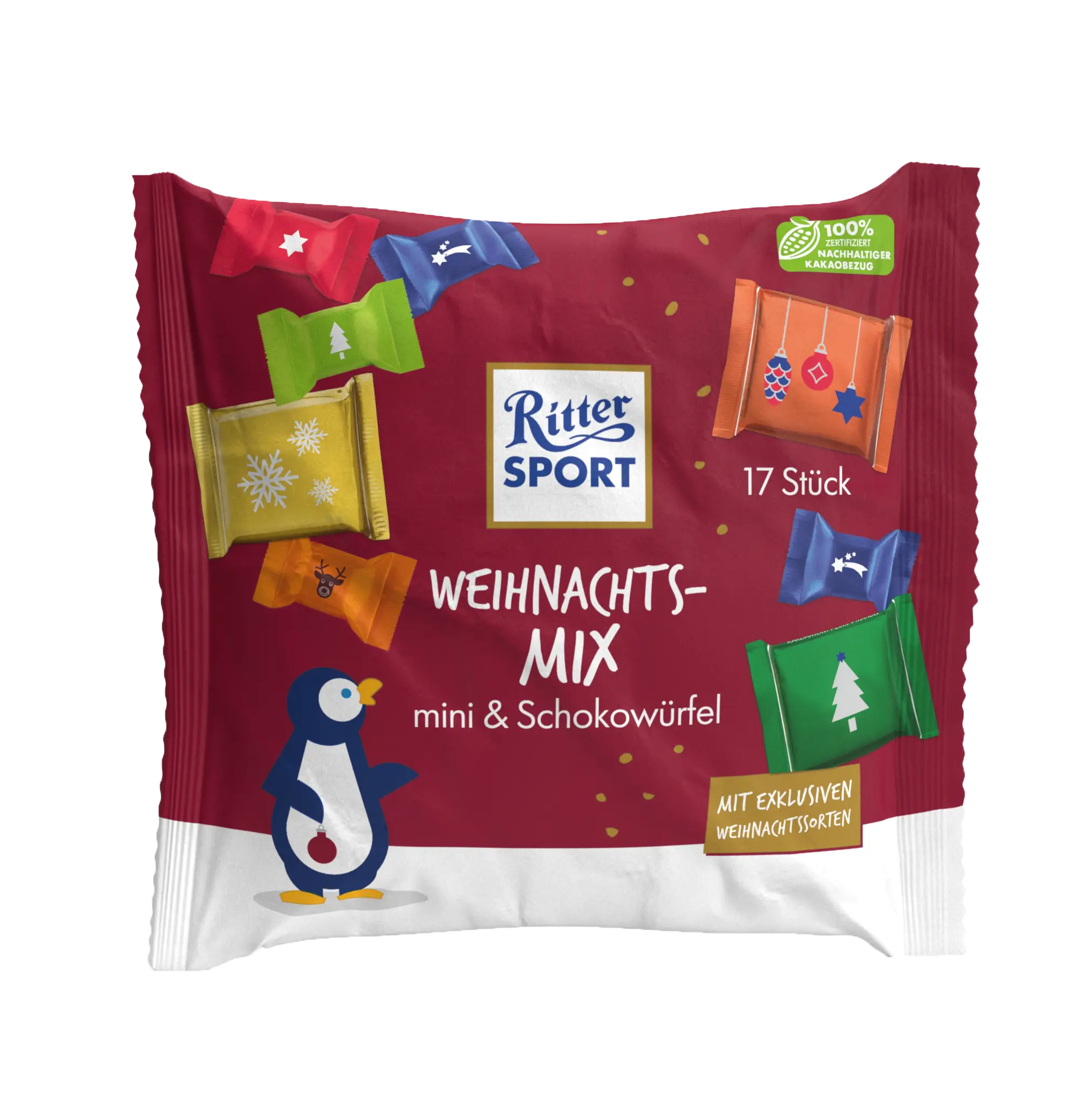 Bag of Ritter Sport Christmas chocolate mix with penguin, colorful candies.