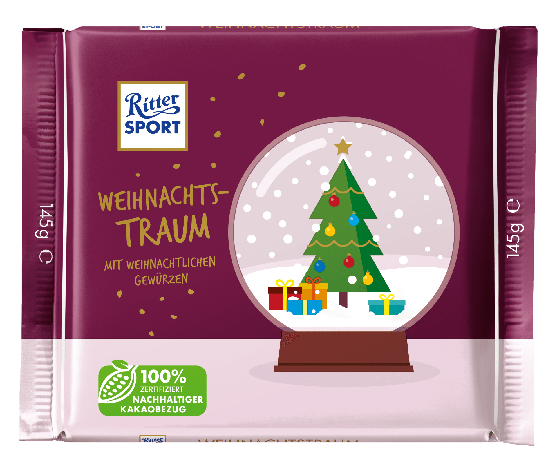 Ritter Sport Christmas chocolate bar with snow globe design and Christmas tree. Dark purple packaging.