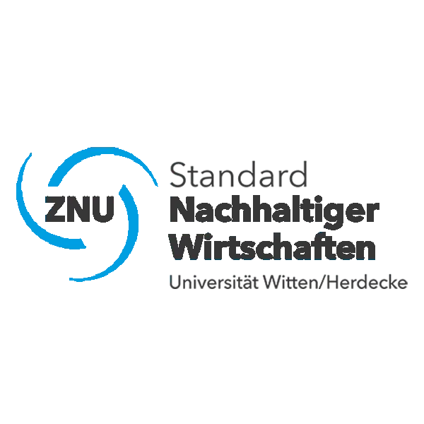 Blaue Formen um die Buchstaben ZNU. Schrift daneben: Standard Nachhaltiger Wirtschaften (Universität Witten/Herdecke)