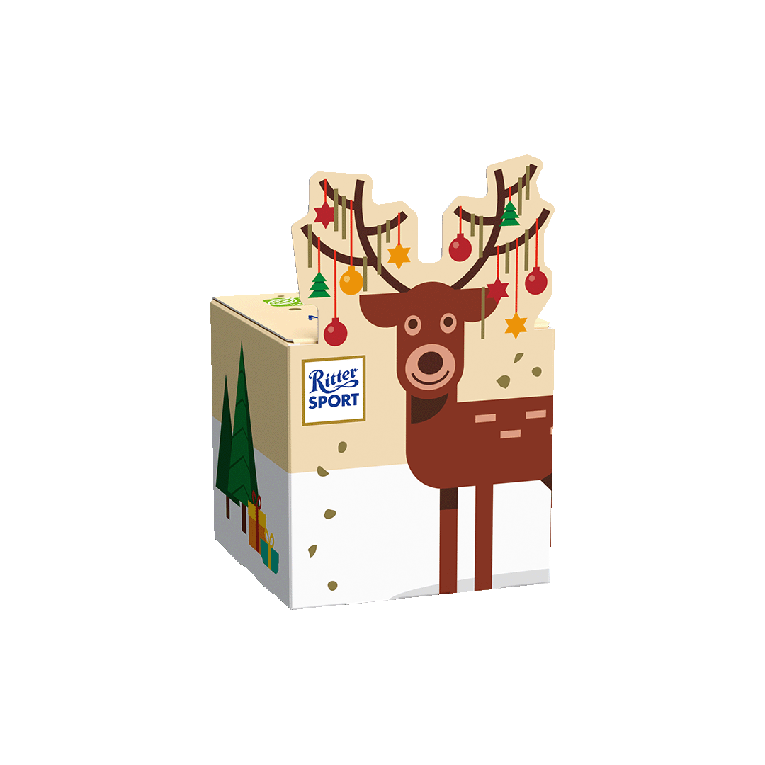 Eine Kinder-Schokoladen-Geschenkbox mit Rentier-Design, Schnee und Weihnachtsschmuck.