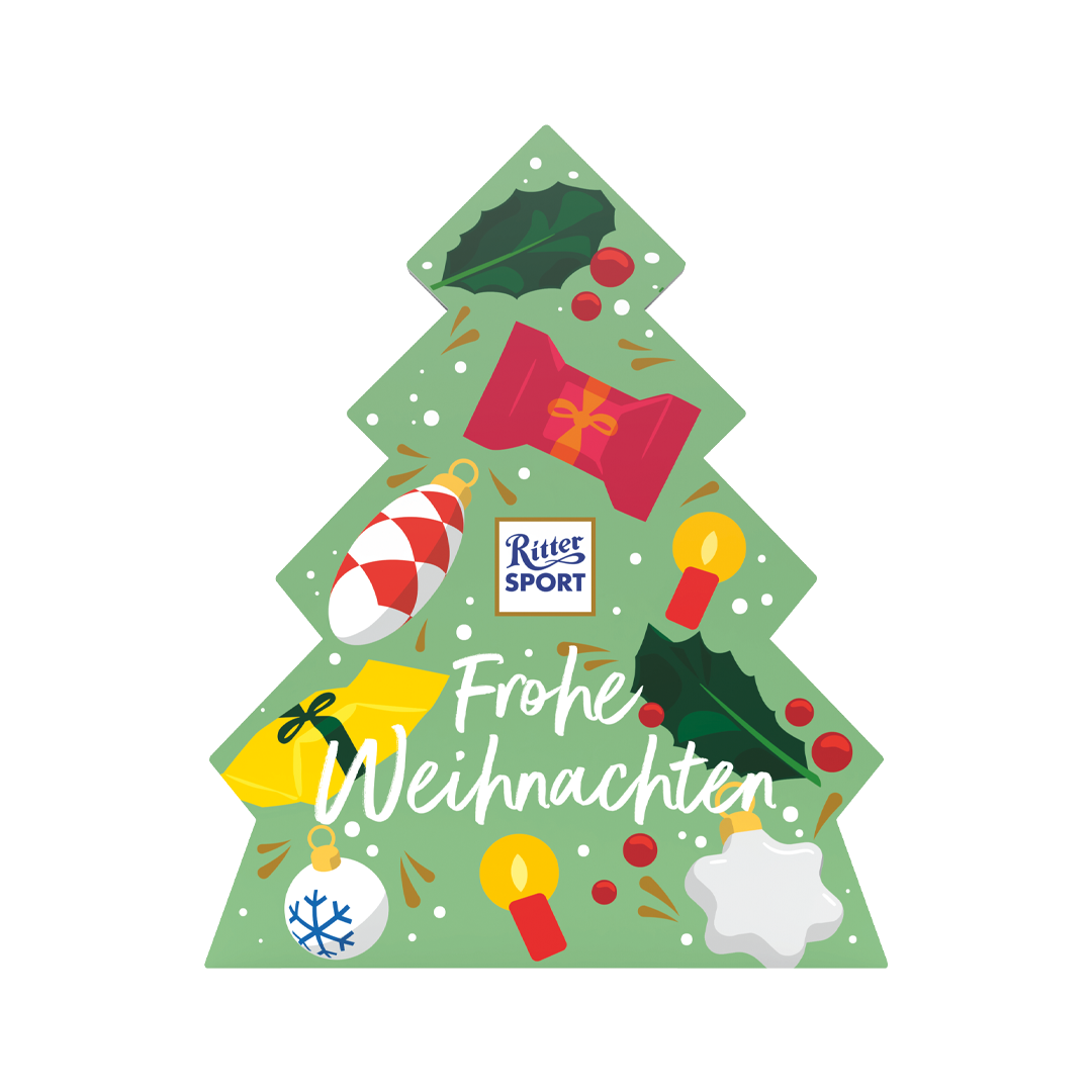 TANNE Ein grüner Schokoriegel in Weihnachtsbaumform mit Verzierungen und dem Text „Frohe Weihnachten“.