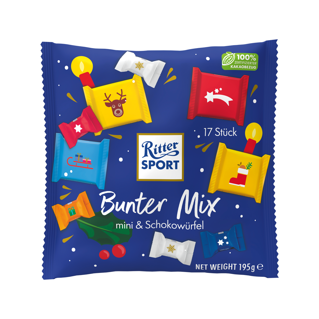 BUNTER MIX Ritter Sport Bunter Mix Bonbontüte. Bunte Quadrate mit festlichen Illustrationen auf blauem Hintergrund.