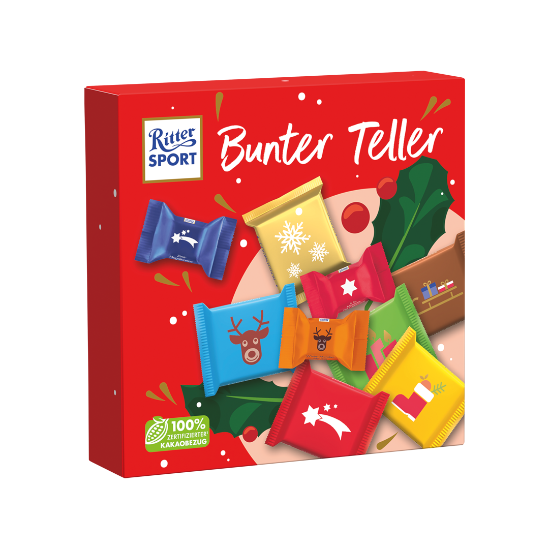 BUNTER TELLER Rote Ritter Sport „Bunter Teller“-Schachtel mit bunt verpackten Pralinen, Weihnachtsdekoration.