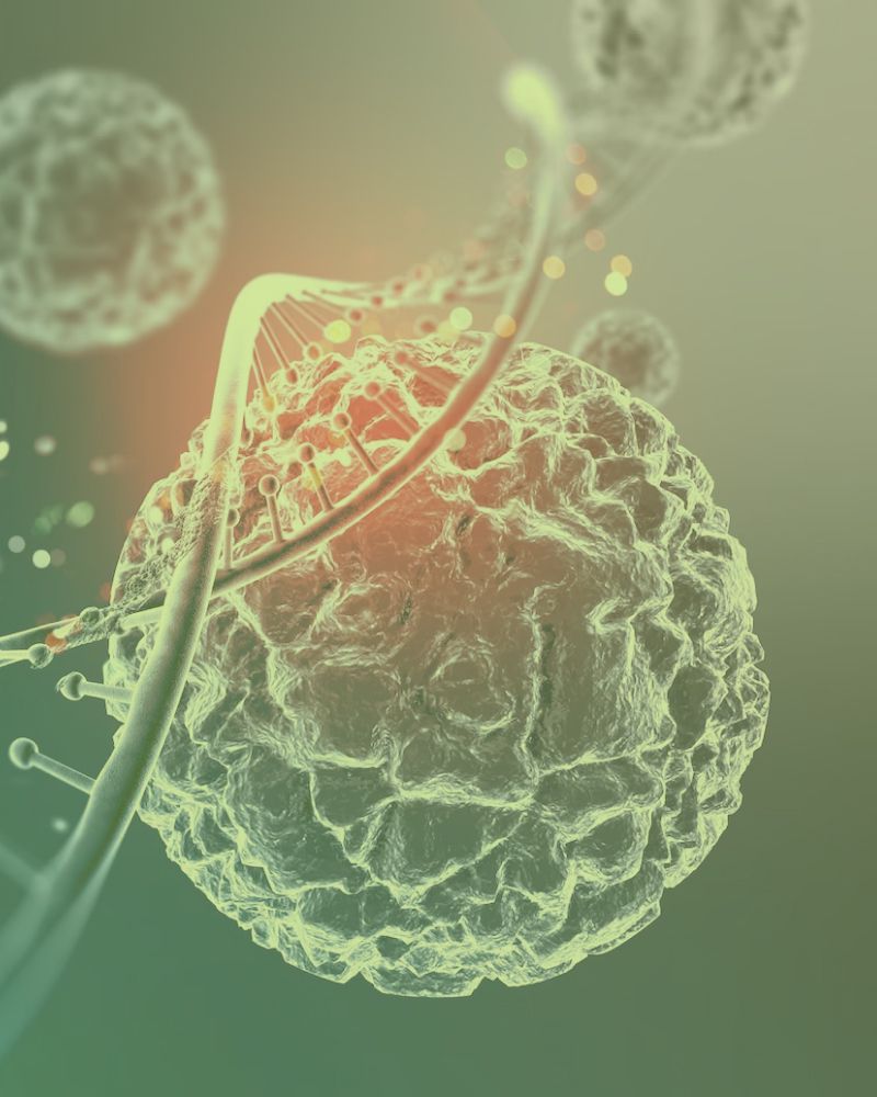 A close up of a cell with a dna strand surrounding it.