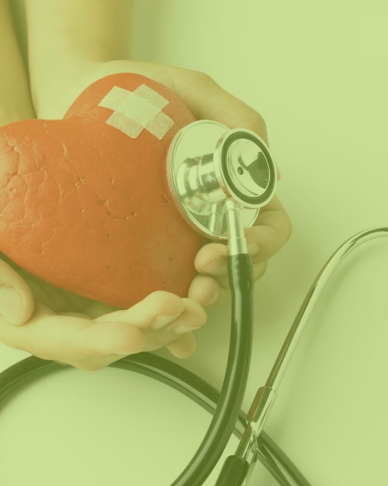 A person is holding a red heart with a bandage on it and a stethoscope.