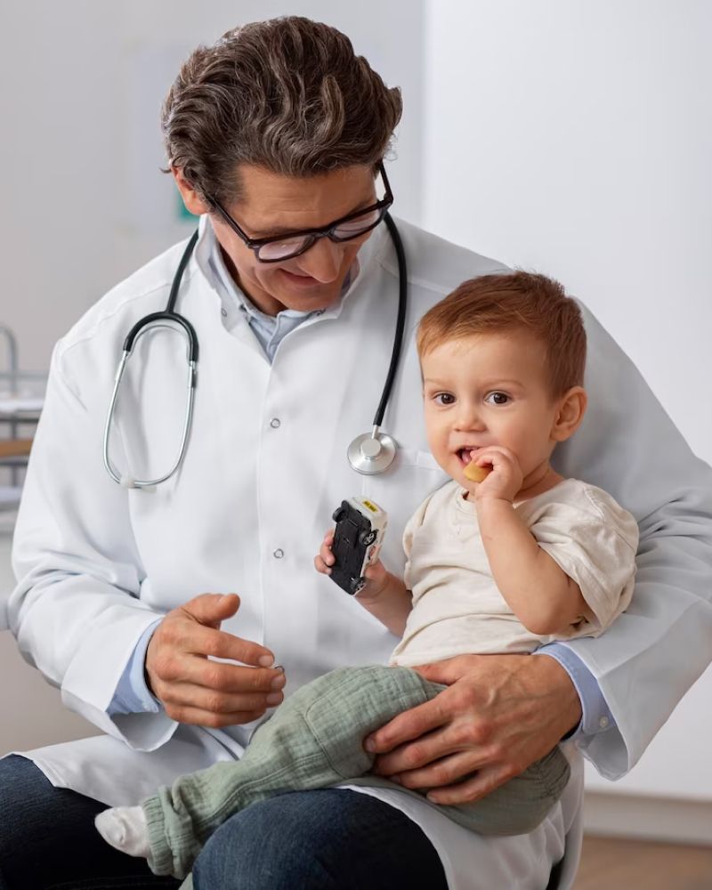 A doctor is holding a baby who is biting a toy