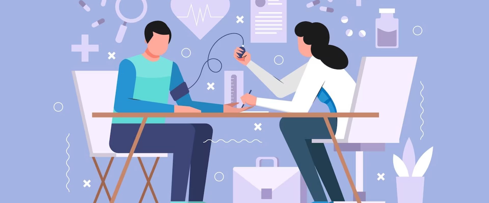 A color drawing of a doctor and a patient